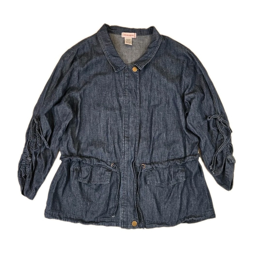 Wearables XCVI Chambray Jacket Full Zip Cinch Waist Size L Cinch Sleeve Denim